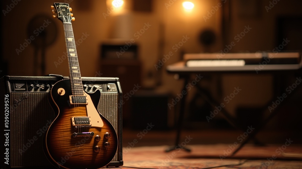 Aufkleber A guitar rests on an amplifier in a music studio, with a keyboard in the background.