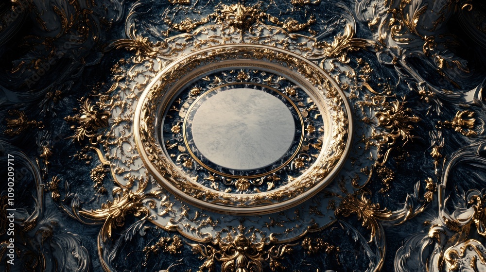 Poster ornate circular design with intricate gold detailing on a dark textured background.