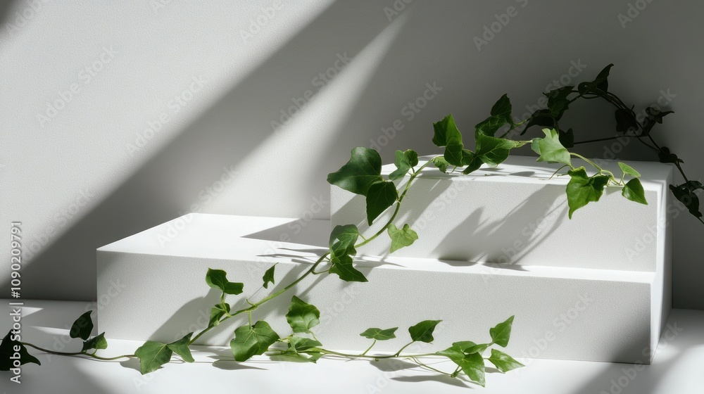 Poster a minimalist composition featuring white geometric shapes and trailing green ivy leaves.