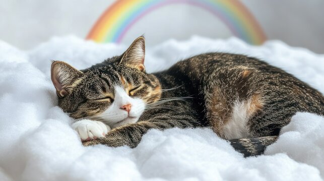 A sleeping cat nestled in fluffy white clouds with a rainbow in the background.