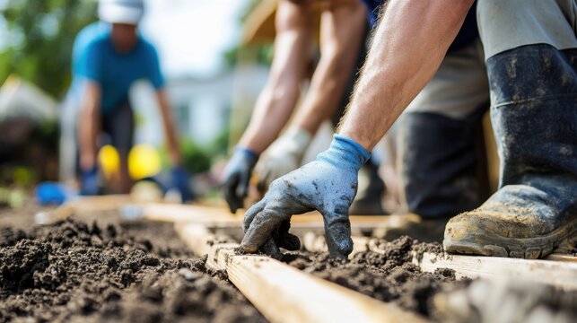 Community resilience portrayed by close-up shots of volunteers rebuilding homes after a natural disaster, photography style, photo of