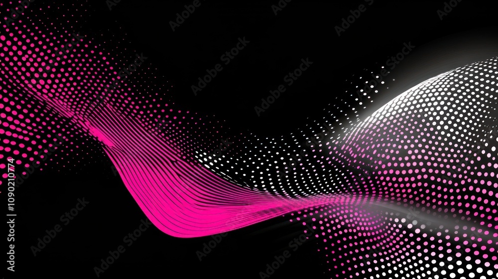 Poster Abstract design featuring flowing lines and dots in pink and white against a black background.