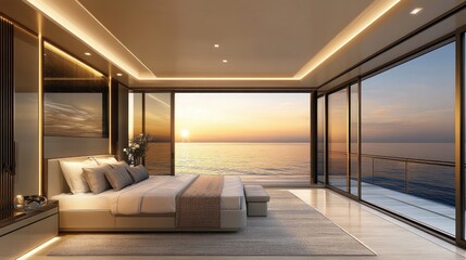 Fototapeta premium Modern Stylish Bedroom with Panoramic Ocean View at Sunset, Luxurious Decor Featuring Soft Bedding and Elegant Lighting in a Serene Coastal Setting