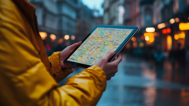 Individual navigates city streets using a digital map on a rainy day