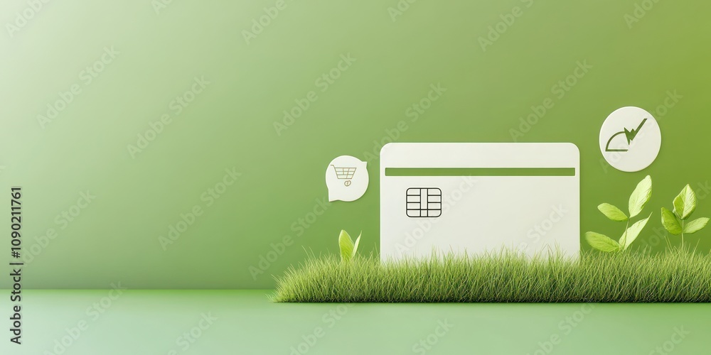 Poster a minimalist design featuring a card and icons on a green background, symbolizing eco-friendly comme
