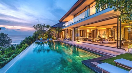 Fototapeta premium Stunning Luxury Villa with Infinity Pool Overlooking Ocean at Twilight, Surrounded by Lush Greenery and Modern Architectural Design, Perfect for Relaxation
