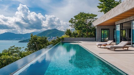 Fototapeta premium Serene Modern Villa Overlooking Scenic Bay with Infinity Pool and Lush Landscape, Ideal for Luxury Travel and Relaxation in Tropical Paradise