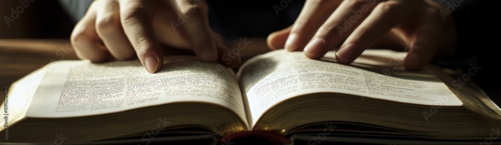 Poster A person reading an open book with fingers resting on the pages.