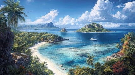 Obraz premium Serene Tropical Landscape with Crystal Clear Waters, Lush Green Islands, Palm Trees, and Scenic Cloudy Sky Under Brilliant Sunlight in a Paradise Setting