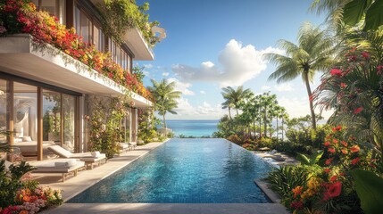 Obraz premium Luxurious Tropical Villa with Infinity Pool Overlooking Stunning Ocean View Surrounded by Lush Greenery and Colorful Flowering Plants in Bright Sunshine
