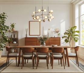 Modern dining room with a wooden table, chairs, and a large window.