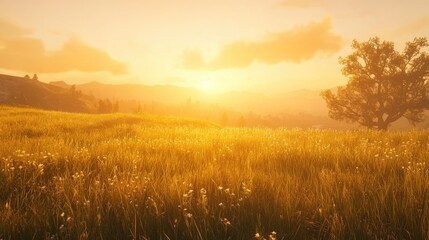 Serene Golden Sunrise over Rolling Hills with Lush Green Grass and Gentle Wildflowers Creating a Tranquil Landscape Scene