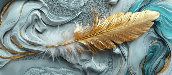 Golden Feather on Abstract Swirls: A Luxurious and Serene Artistic Composition