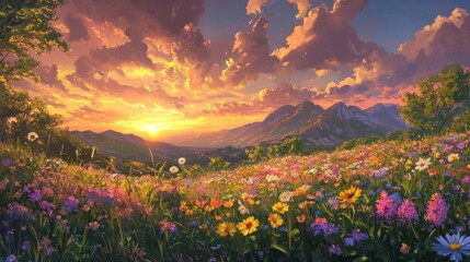 Fototapeta premium Breathtaking Sunset Over a Vibrant Wildflower Field with Majestic Mountains in the Background Illuminated by Golden Light in the Evening Sky
