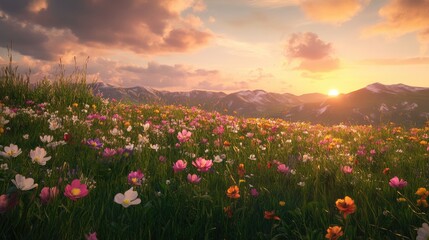 Fototapeta premium Breathtaking Sunset Over Colorful Flower Field Surrounded by Majestic Mountains and Beautiful Landscape in Tranquil Nature Scene