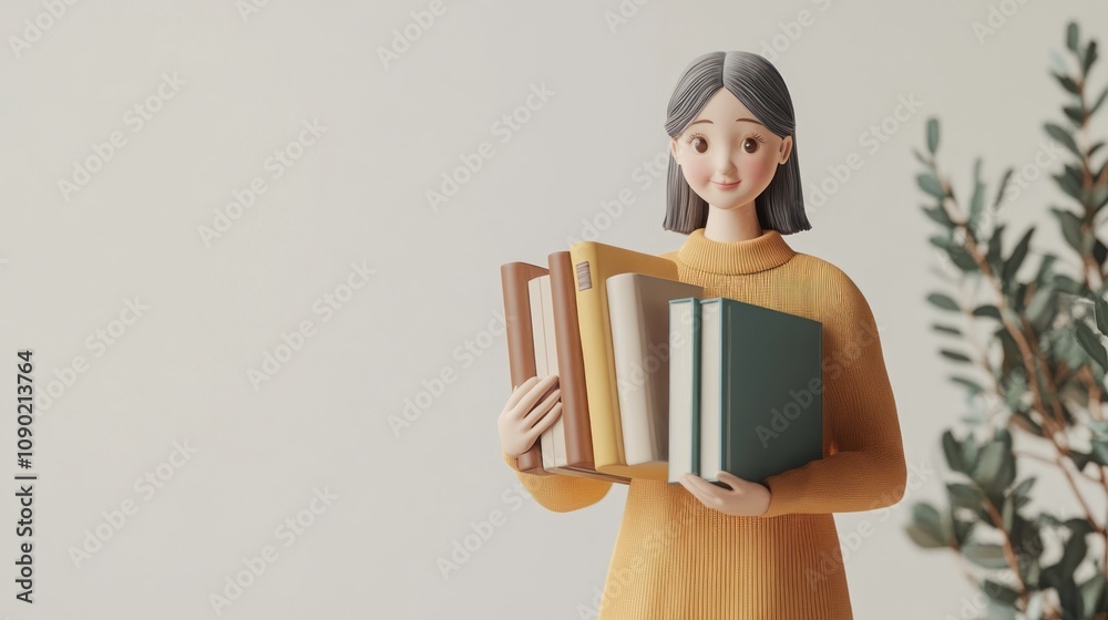 Poster A 3D character holding a stack of colorful books, symbolizing knowledge and learning.