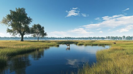 Fototapeta premium Serene Landscape with Calm Waters, Lush Greenery, and Gentle Breeze in a Picturesque Natural Setting Under Bright Blue Sky