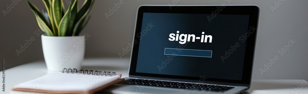 Poster a laptop displaying a sign-in screen beside a notebook and a potted plant.