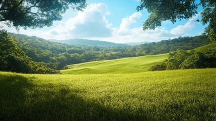 Fototapeta premium Lush Green Landscape Under Blue Skies with Fluffy Clouds and Rolling Hills Capturing the Essence of Nature’s Serenity and Tranquility in the Countryside