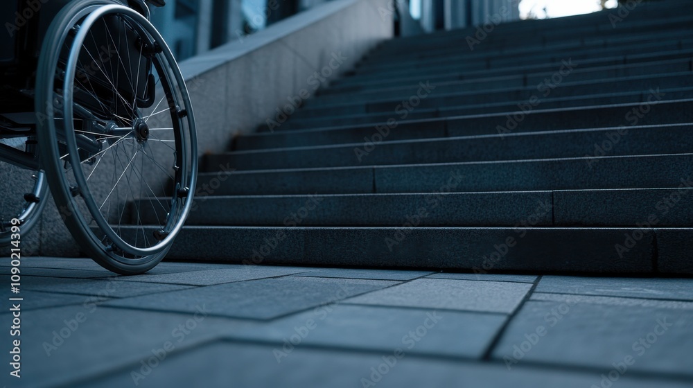 Poster Disability inclusion in public spaces, Illustrating accessibility features in urban infrastructure, photography style