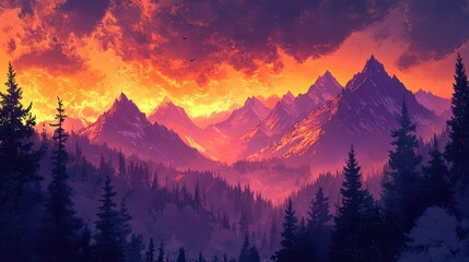 Obraz premium Dramatic Sunset Over Majestic Mountain Range Surrounded by Lush Forests Captured in Vibrant Colors and Striking Lighting for Nature Lovers
