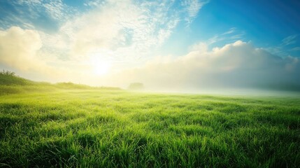 Obraz premium Serene Morning Nature Landscape with Gentle Mist, Lush Green Grass, and Soft Sunlight Rays Peeking Through Clouds in a Peaceful Countryside Scene