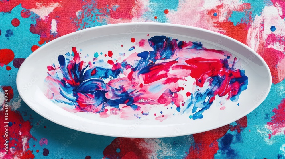 Poster a colorful abstract design on a white platter against a vibrant background.