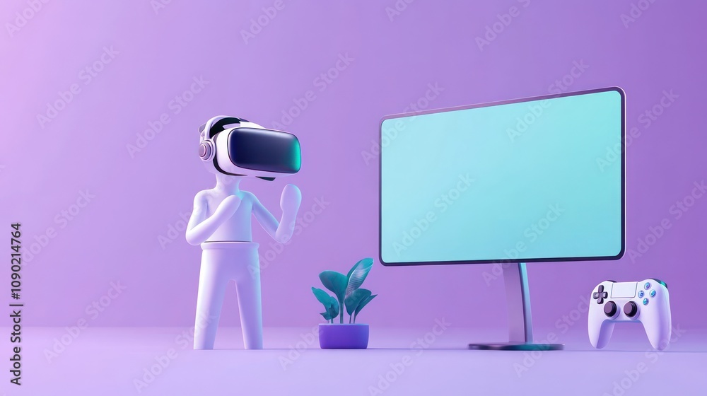 Poster A virtual reality character interacting with a monitor and a gaming controller in a vibrant setting.