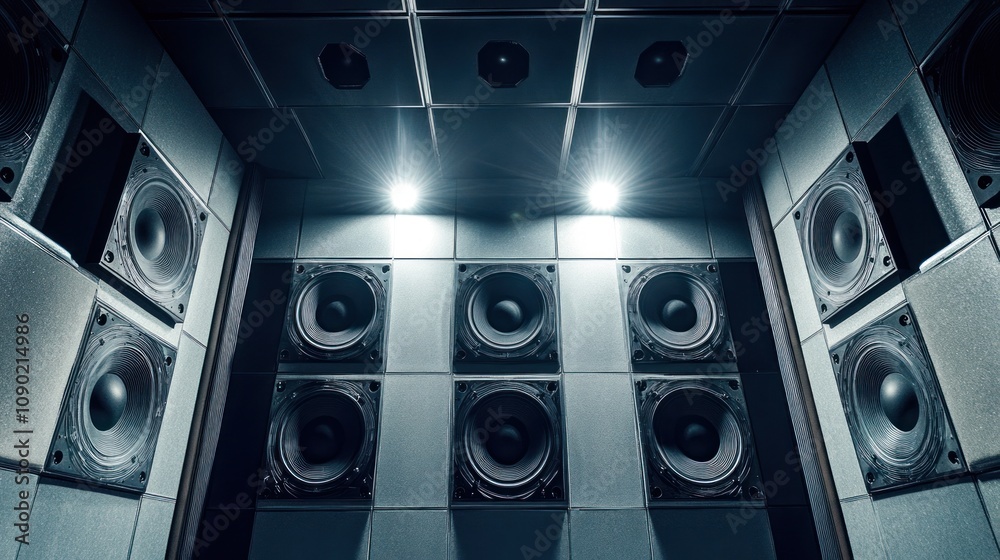 Poster a modern sound studio featuring multiple speakers and overhead lighting for audio production.