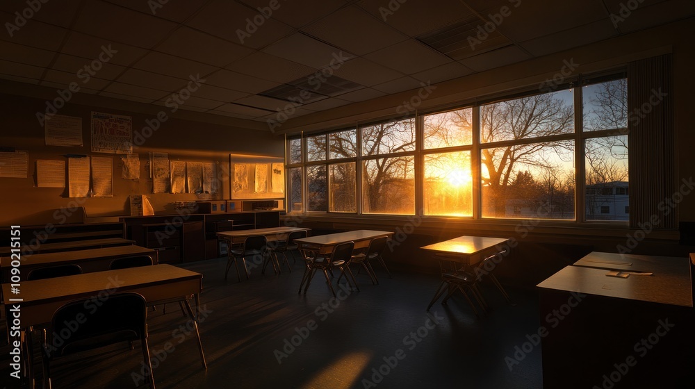 Poster a dimly lit classroom with desks, illuminated by a warm sunset through large windows.
