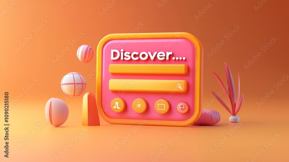 Fototapete A colorful 3D search interface with playful shapes and elements for discovering content.
