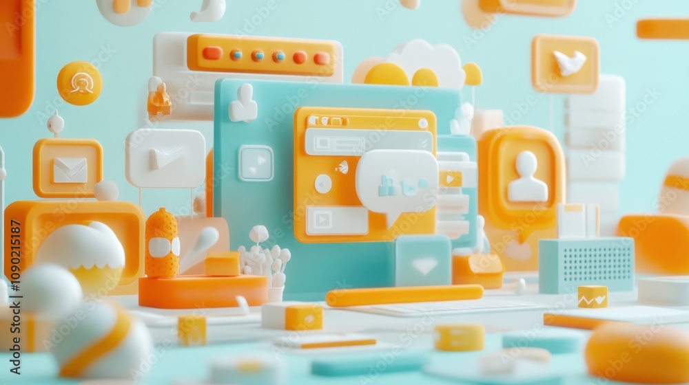 Poster a vibrant digital landscape of colorful icons representing communication and technology.