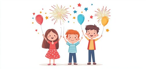 Fototapeta premium Joyful children celebrating with balloons and fireworks, embodying fun and happiness in a festive atmosphere.