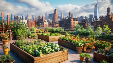 Fototapeta premium Urban Rooftop Garden with Lush Vegetables and Herbs Overlooking a City Skyline Featuring the Empire State Building in the Distance