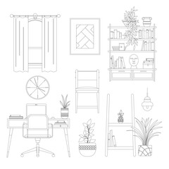 Fototapeta premium A collection of outline Scandinavian-style interior decor and furniture vector illustrations