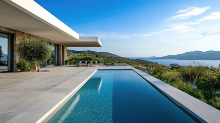 Fototapeta premium Modern Luxury Home with Infinity Pool Overlooking Scenic Landscape and Serene Water View on a Bright Sunny Day