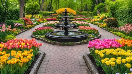 Obraz premium Tranquil Garden Pathway Surrounded by Vibrant Flower Beds Featuring Colorful Tulips and a Central Fountain in Blooming Spring Landscape