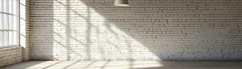 Fototapeta premium Empty brick wall background with single hanging lamp casting shadows, urban loft aesthetic