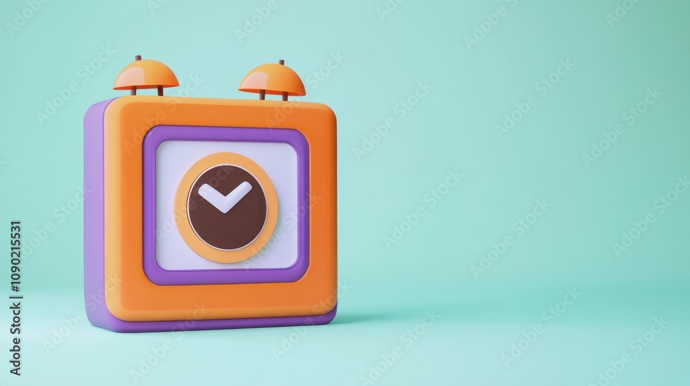Aufkleber A colorful alarm clock with a playful design, set against a soft blue background.