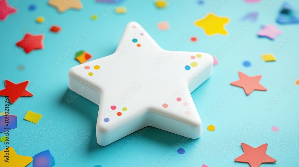 Poster a star-shaped object surrounded by colorful confetti on a blue background.