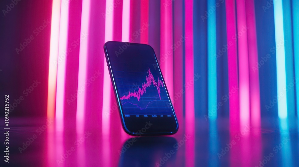 Wall mural smartphone displaying stock market graph with neon lights in the background.