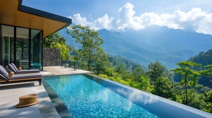 Fototapeta premium Serene Modern Villa with Infinity Pool Overlooking Lush Mountains and Clear Sky, Ideal for Relaxation and Luxury Escapes in Nature's Embrace