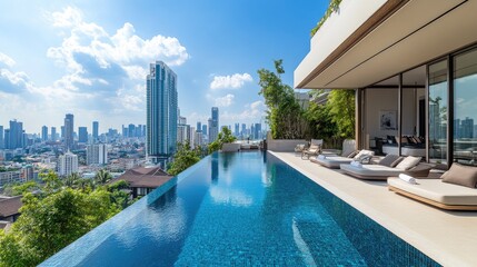 Fototapeta premium Breathtaking Luxury Infinity Pool Overlooking City Skyline with Modern Architecture and Serene Surroundings in a Bright, Sunny Day