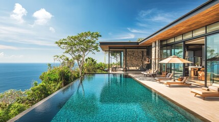 Fototapeta premium Luxurious Modern Villa with Infinity Pool Overlooking Ocean, Surrounded by Lush Greenery, Perfect for Relaxation and Scenic Views in Tropical Paradise