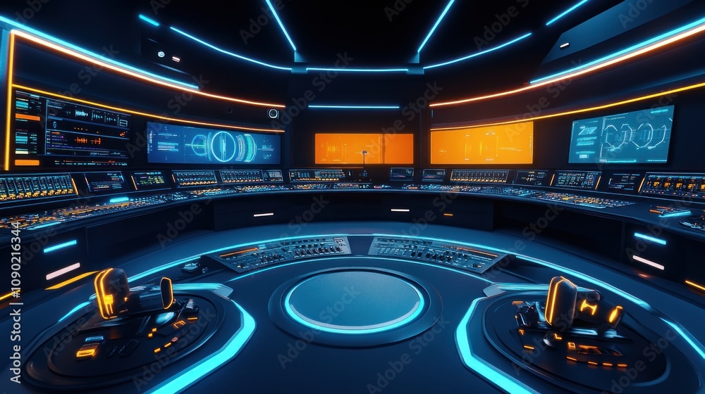 Poster Futuristic control room with glowing interfaces and monitors for advanced operations.