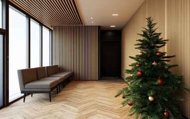 Fototapeta premium A modern interior space featuring a Christmas tree, wooden accents, and large windows, creating a warm and inviting atmosphere.