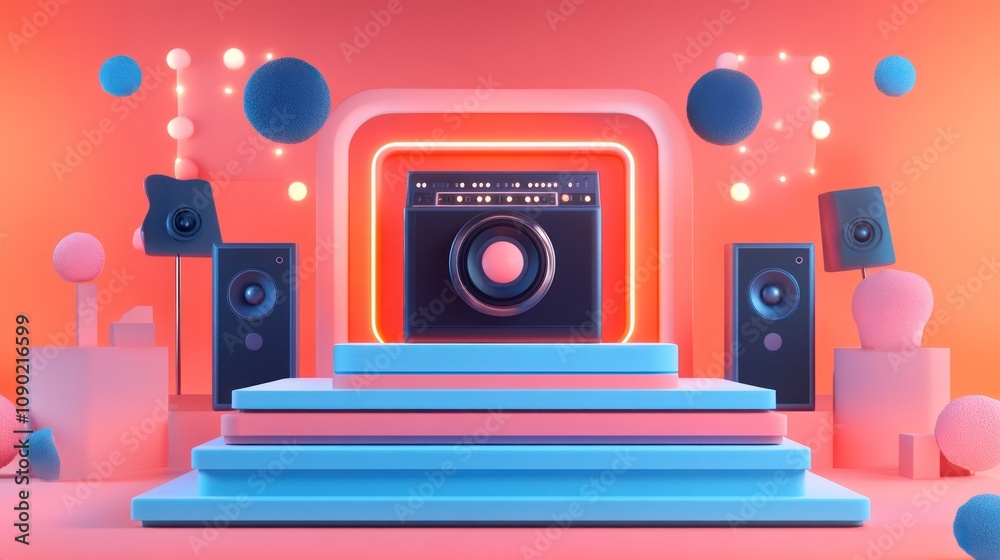 Poster a colorful 3d scene featuring speakers and a central audio device on a stage.