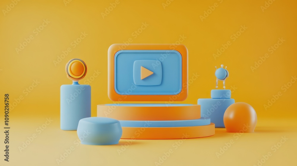 Leinwandbilder a colorful, abstract arrangement of geometric shapes and a play button symbolizing digital media.