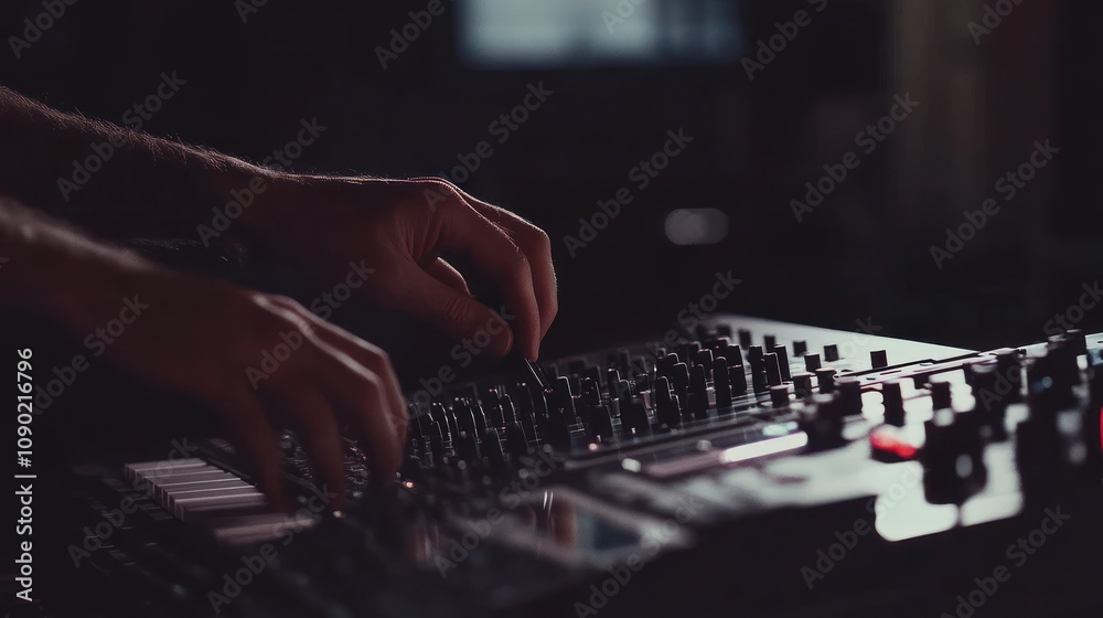 Aufkleber a close-up of hands manipulating a synthesizer, creating electronic music.