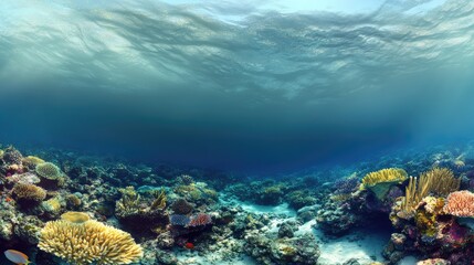 Obraz premium Underwater Scene Showcasing Vibrant Coral Reefs and Diverse Marine Life in a Clear Blue Ocean Environment with Sunlight Filtering Through the Water Surface